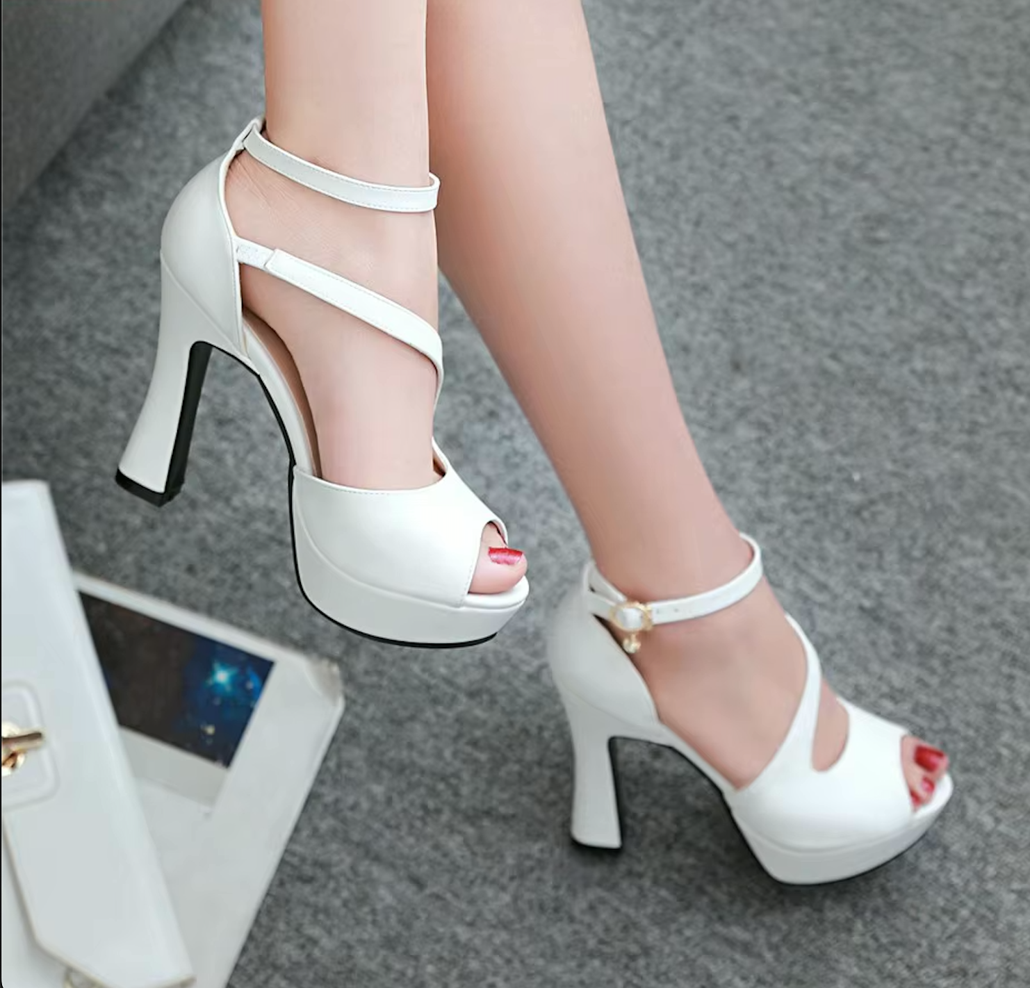 White Roman Style open toe high heels with a small dangly charm perfect for transgender, gender non conforming, non binary, mtf, or crossdressing