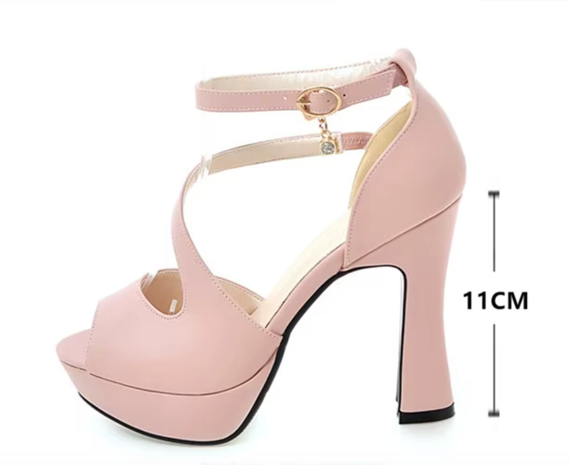 Pink Roman Style open toe high heels with a small dangly charm perfect for transgender, gender non conforming, non binary, mtf, or crossdressing