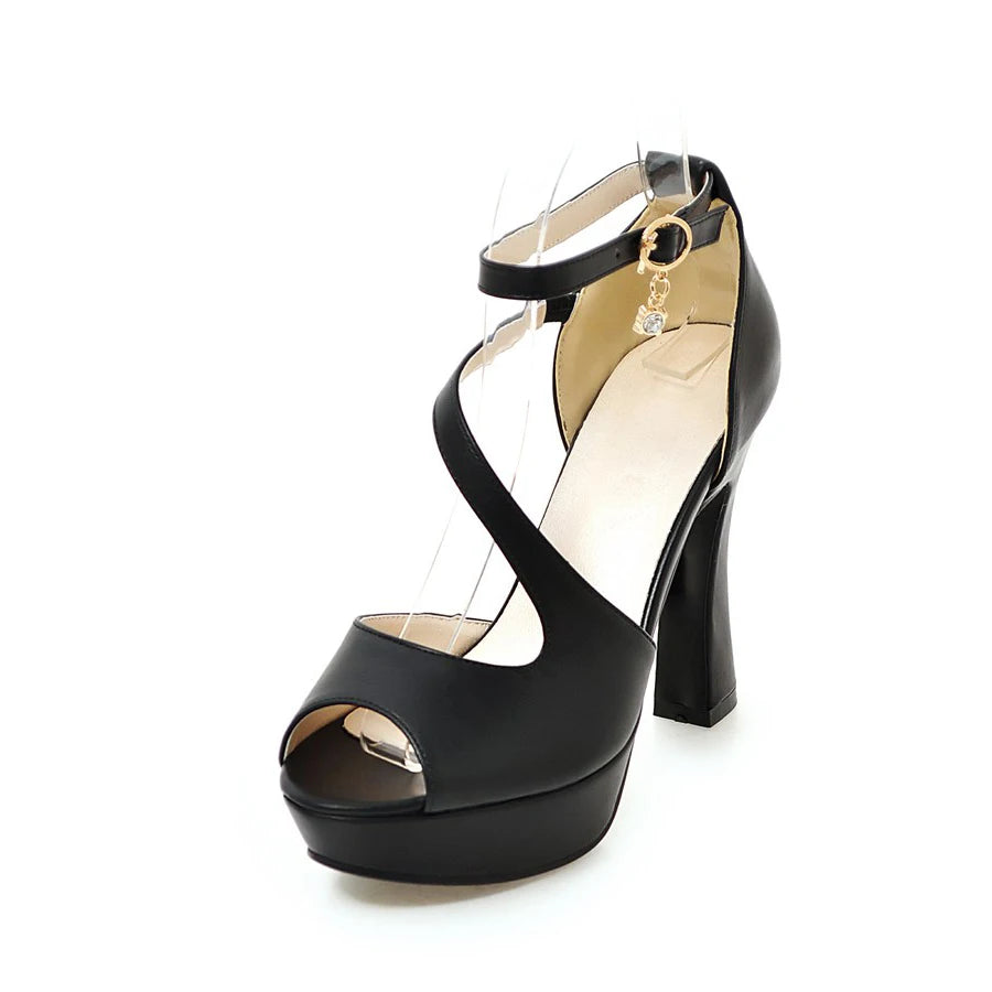 Black Roman Style open toe high heels with a small dangly charm perfect for transgender, gender non conforming, non binary, mtf, or crossdressing